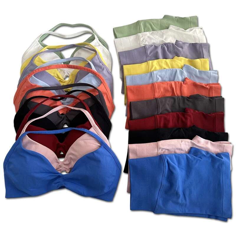 2PCS Impact Gym Set Women Seamless Strappy Yoga Bra Top High Waist Workout Scrunch Shorts Sports Suit Fiess Clothes Sportswear