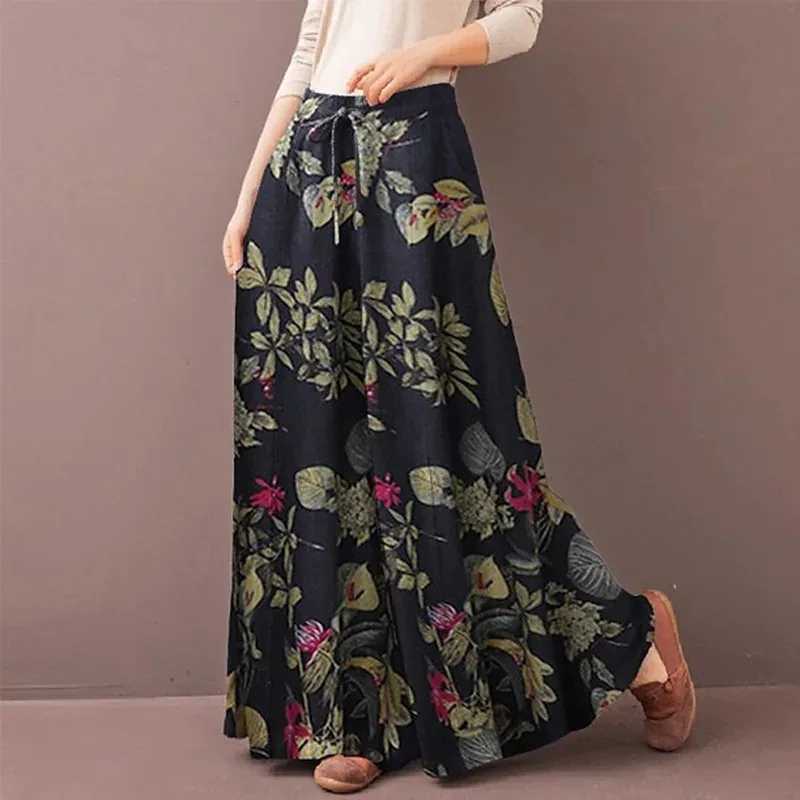 Womens floral printed wide leg pants for spring and autumn fashion Drstring Bohemian Trouser womens casual loose elastic waist pantsXJ250403