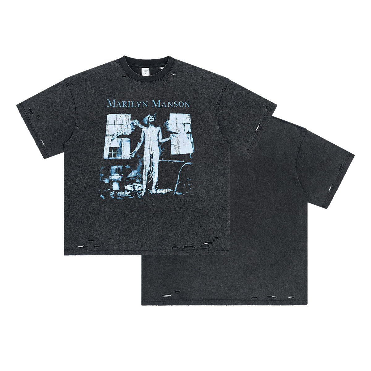2025 Spring/Summer New American Trendy Brand Large Men's T-Shirt with distressed cut and wash print for men