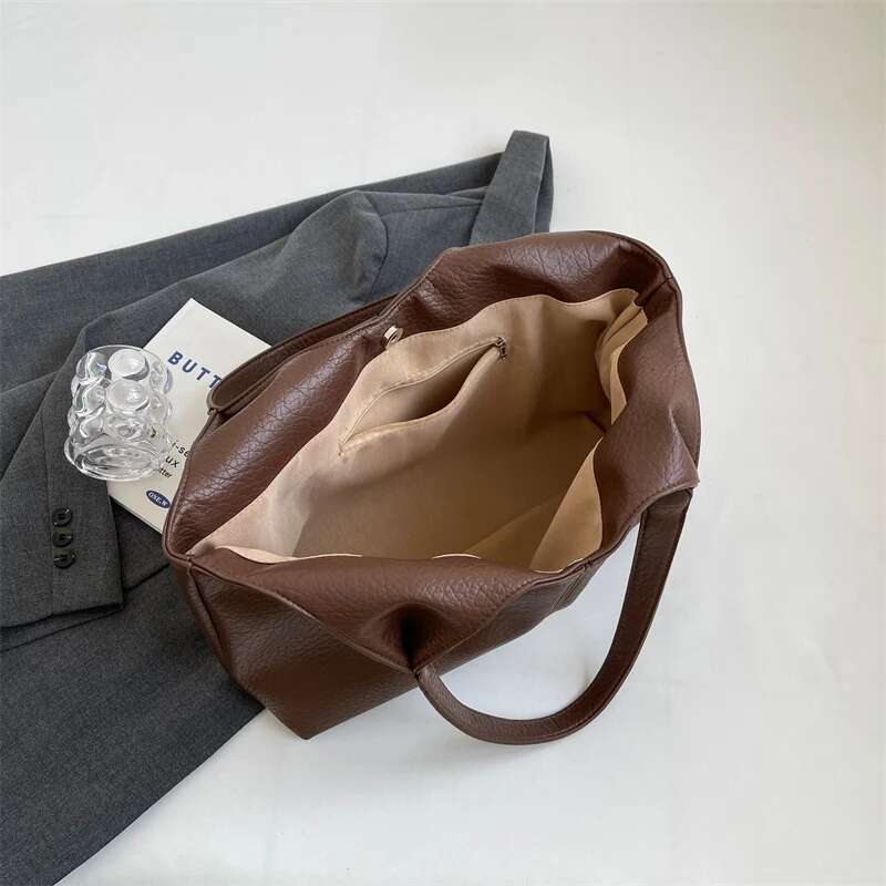 Fashion Retro Leather Tote Bags For Women Tend Females Simple Large Capacity Shoulder Bag Big Solid Color Handbags