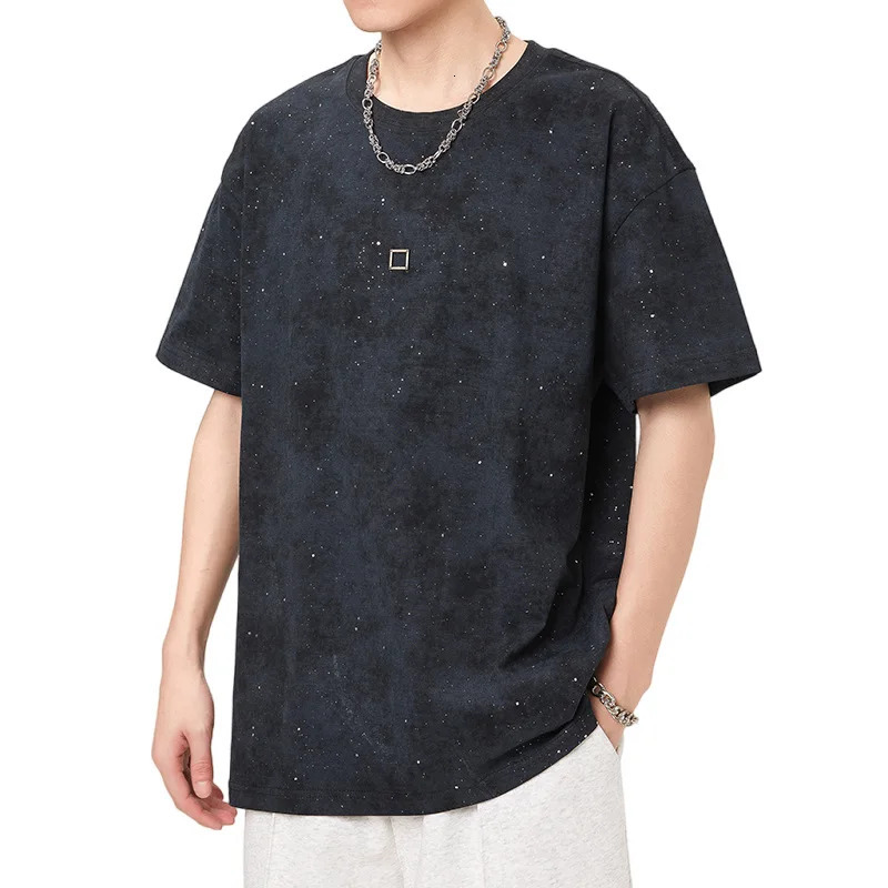 Washed tie dye sparkling diamond mens summer trendy short sleeved T-shirt knitted loose fashion street top 250408