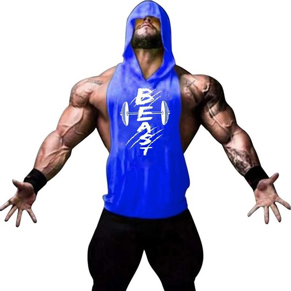 Brand gym Stringer vest mens fitness suit sleeveless hooded sweatshirt mens fitness vest single set sportswear fitness vestXJ250409