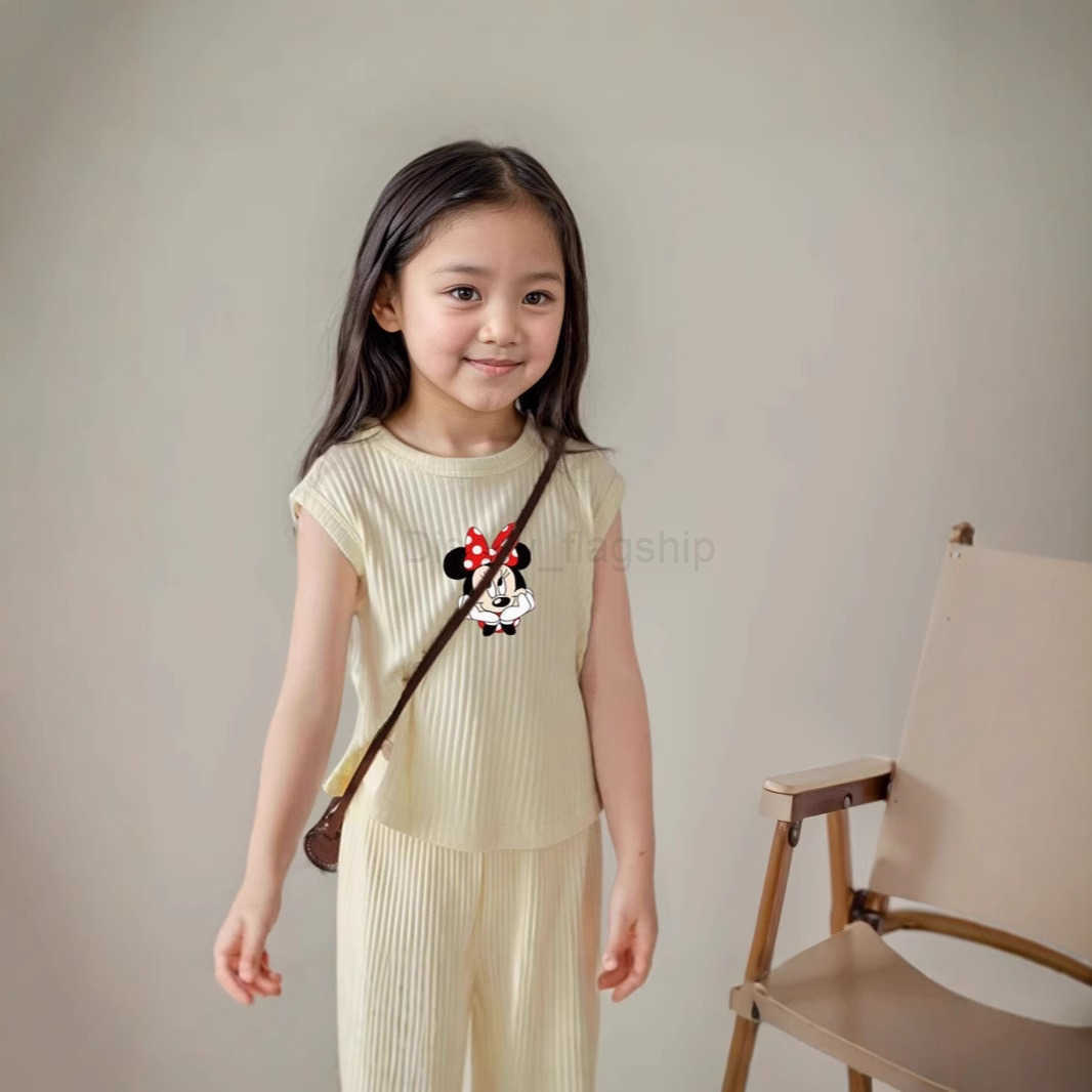 Disney Girls Summer Dress Set 2025 New Small and Medium sized Ice Thread Sleeveless Tank Top Pants Set Casual Two Piece SetXJ250409