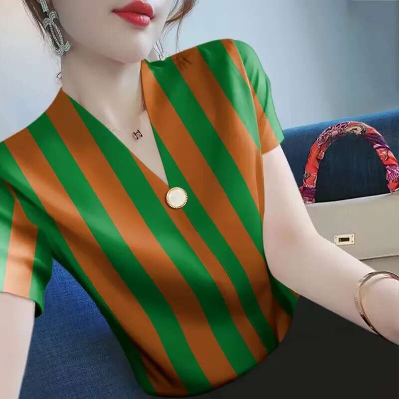 Summer New Style Fashion Simplicity Office Lady Striped V-neck Short Sleeve Tshirt Women Clothes Elegant All-match Casual Tops