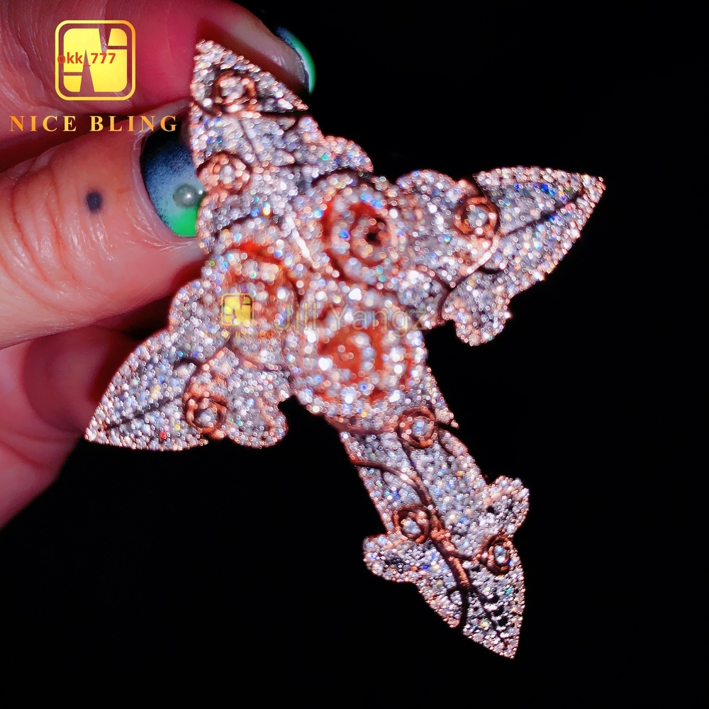 NEW ARRIVAL 3d Rose Cross Pendant Moissanite Pass Diamond Tester Iced Out Pendant Religious Jewelry Moissanite Hip Hop Pendant