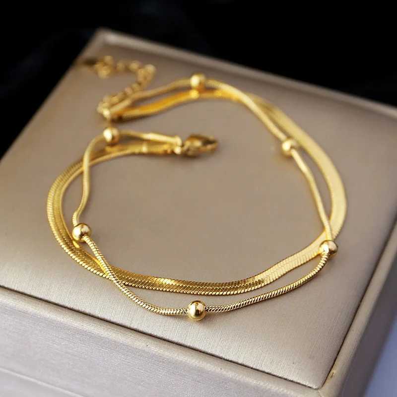 316L Stainless Steel Gold Color Double-Layer Anklets For Women Girl New Trend Leg Chain Waterproof Jewelry Gift Party Z250408