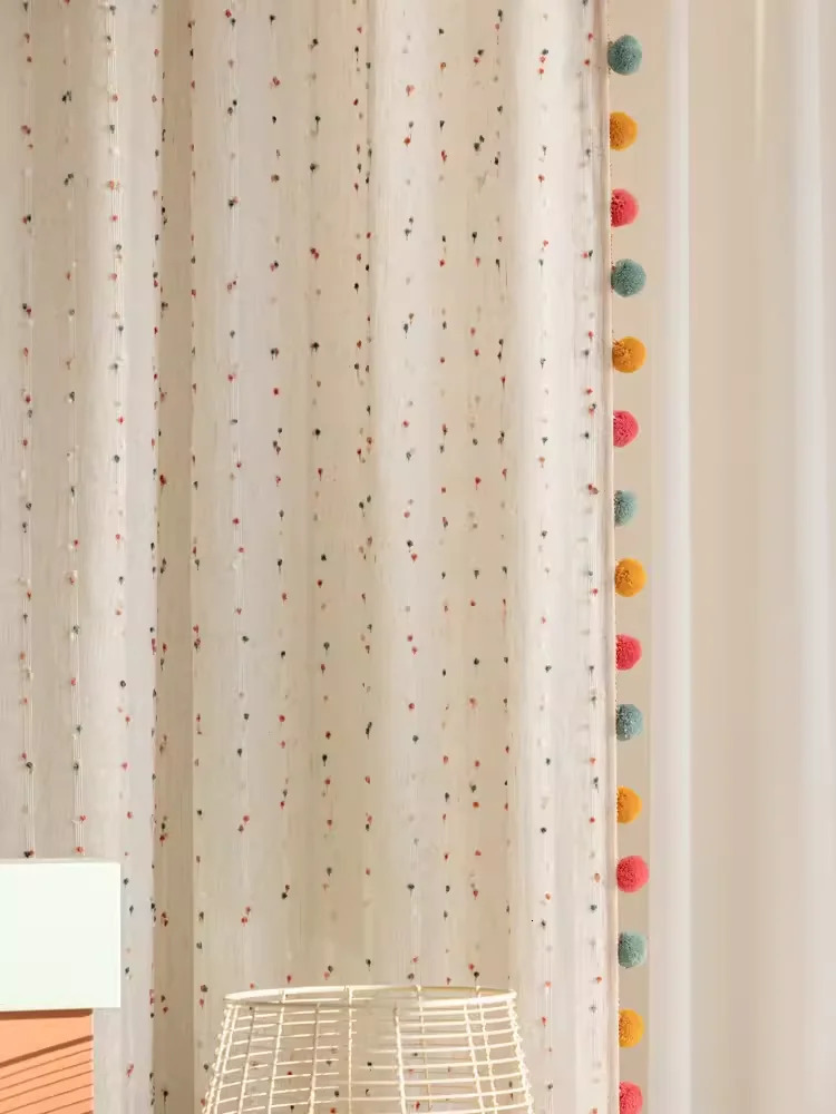 Retro Cotton Linen Rainbow Ball Linen Cream Style Bedroom Living Room Childrens Room Cotton Linen Curtains Folded Custom Curtains 250409
