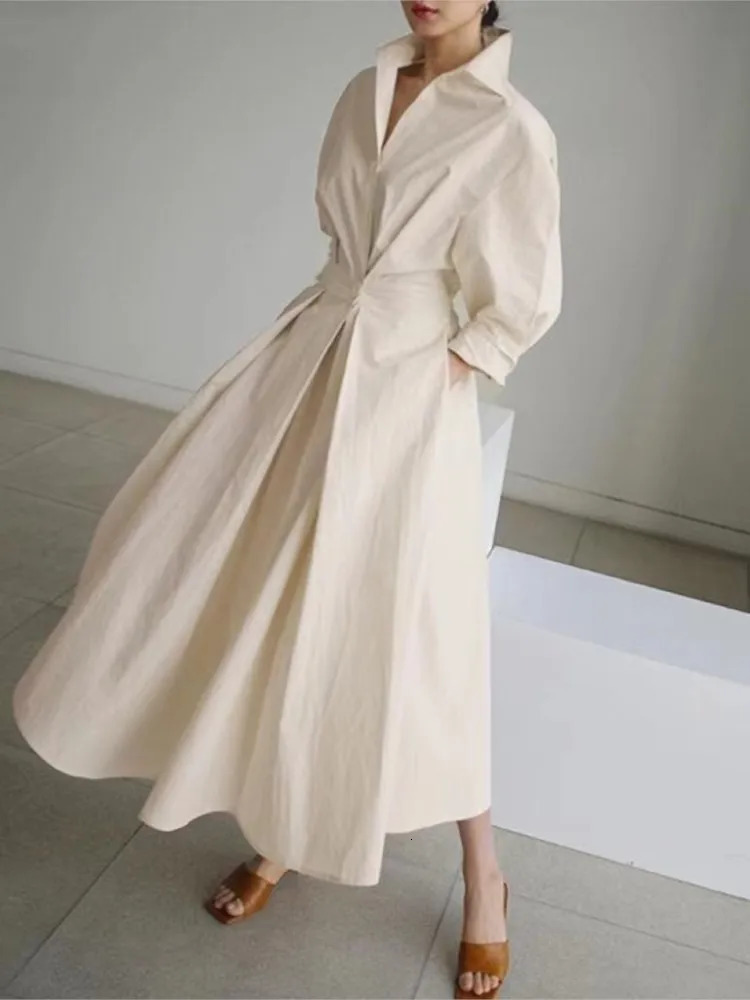 Casual cotton linen shirt dress womens long sleeved elegant skirt spring and autumn Vneck party 250409