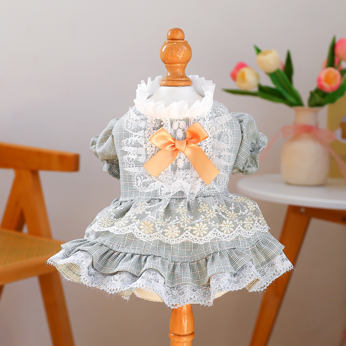 Fancy Dog Dress , Embroidered Dog Wedding Dress, Bow Puppy Clothes for Small pet Girl Multi-Layer Lace Cat Outfit