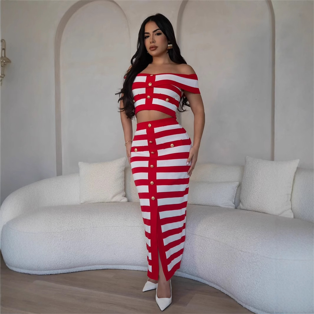 2025S Designer Women s Set New fashionable slim fit sexy striped contrasting one shoulder short top hip hing long skirt set for women