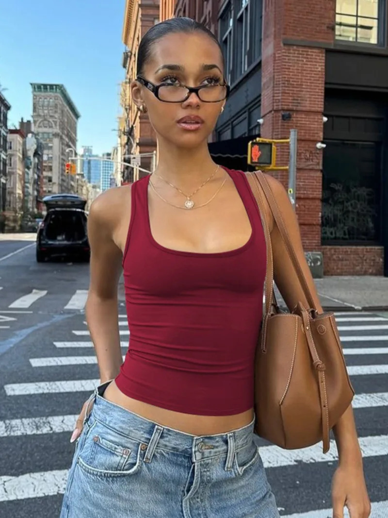 Womens Fashion Solid Tank Top Sleeveless Tshirt Square Collar Tight corset Y2K Grey 250409