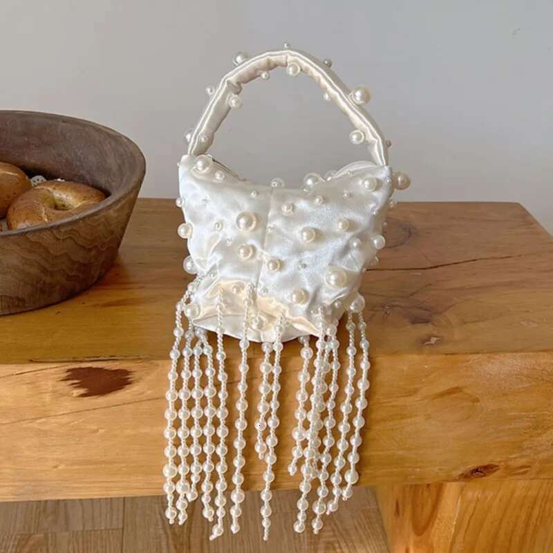 Pearl Handmade Bead Tassel Women Handbag Woven Party Wedding Evening Small Box Basket Bag