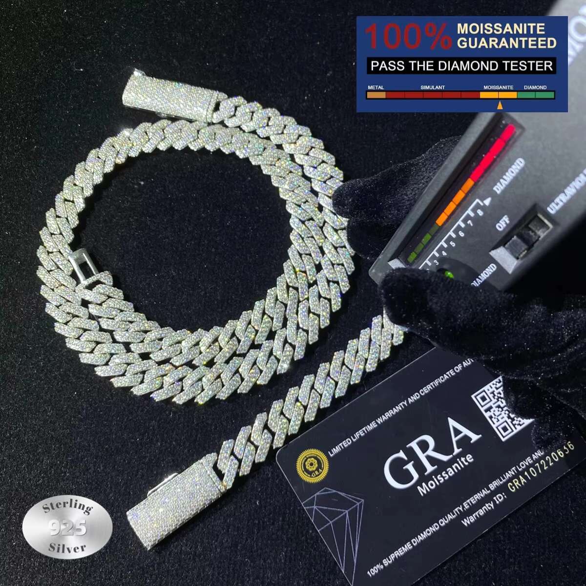 Hiphop Jeweley 10mm 12mm Moissanite Cuban Link Chain Charms 925 Silver Vvs Diamonds Moissanite Chain Cuban Necklace Bracelet