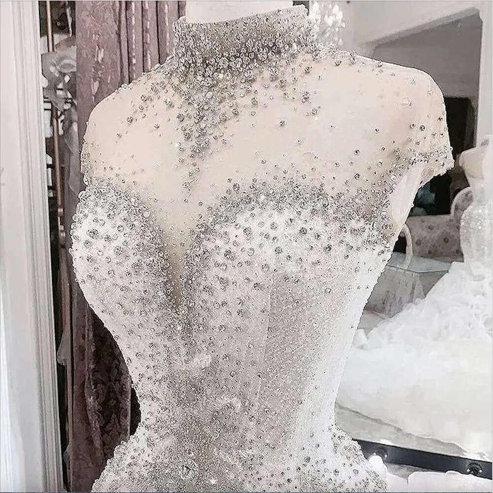 Arabic Aso Size Ebi Plus Luxurious Beaded Crystals High Mermaid Bridal Dresses Sheer Neck Wedding Gowns N10