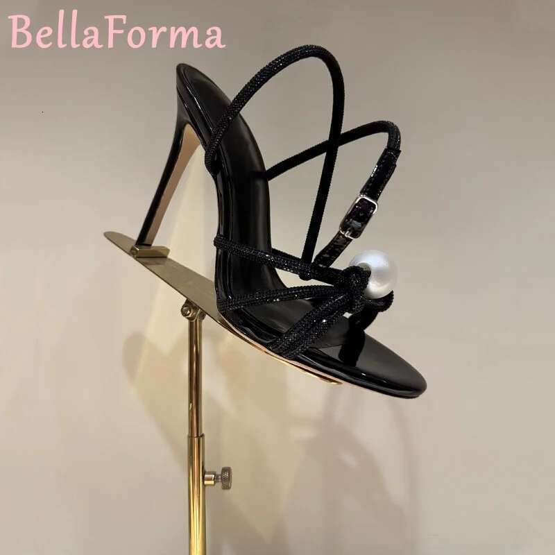 Women's Pearl Rhie Fish Mouth Sandals Cross Strap Niche Design Elegant Sexy Shining Light Banquet Leather High Heel