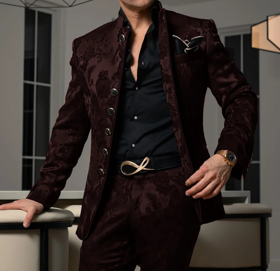 Pattern Black Mens Set 2-piece Jacket Pants Wedding Groom Evening Dress Stand up Collar Jacket Classic Jacquard Set 250408