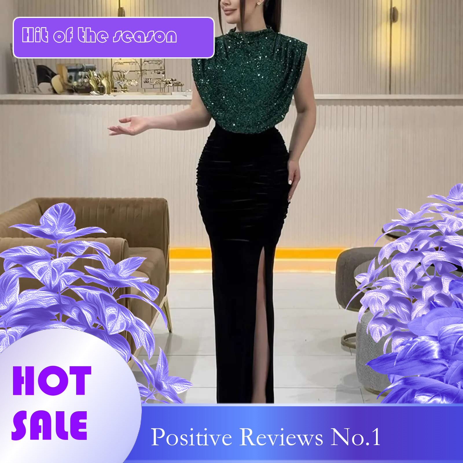 Dongdumaoyi Sexy Sequin Slit Evening Dress Women Fashiona Round Neck Sleeveless High Waisted Christmas Party