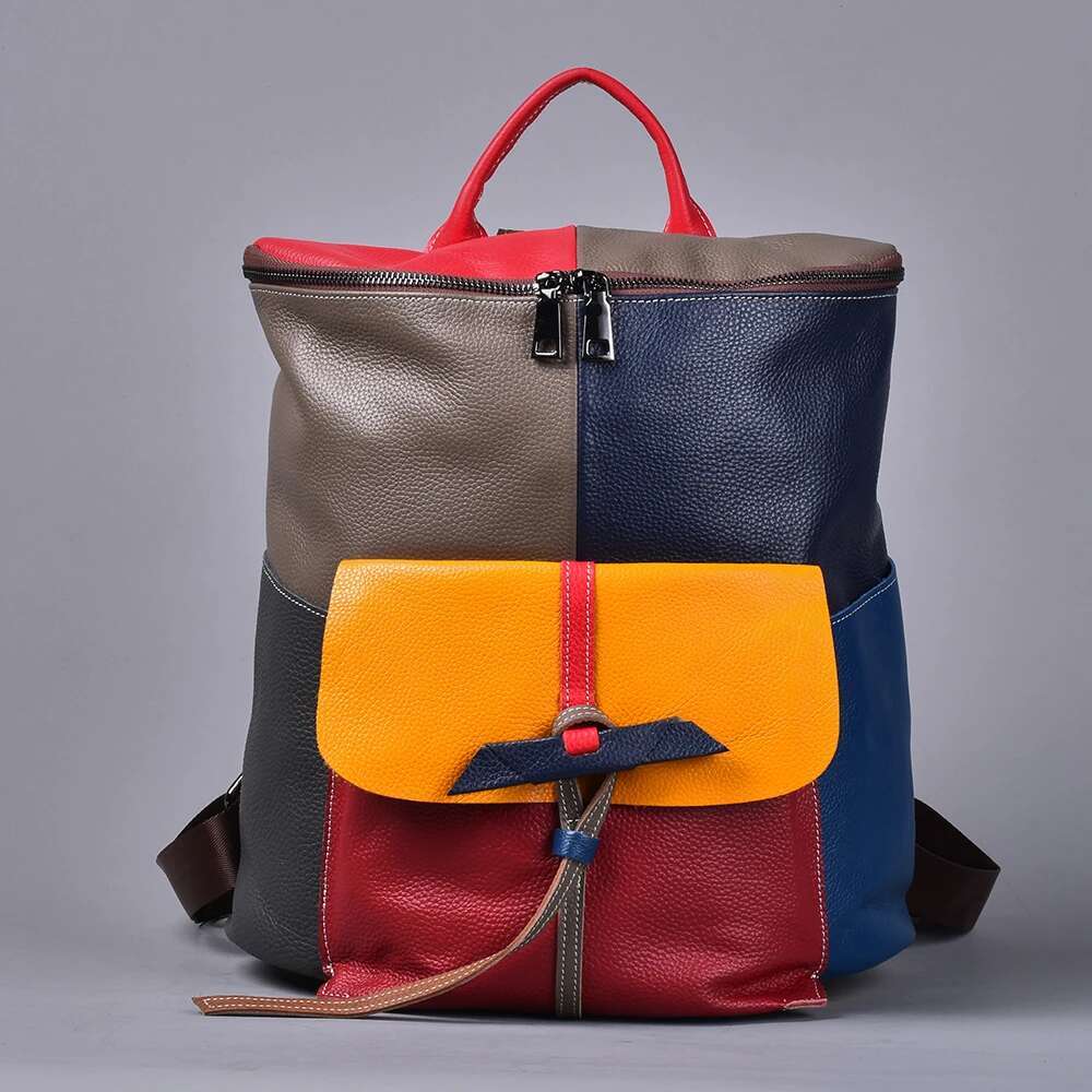 Ethnic Style Personalized Leather Colorful Random Clash Cowhide Backpack Shoulder Bag