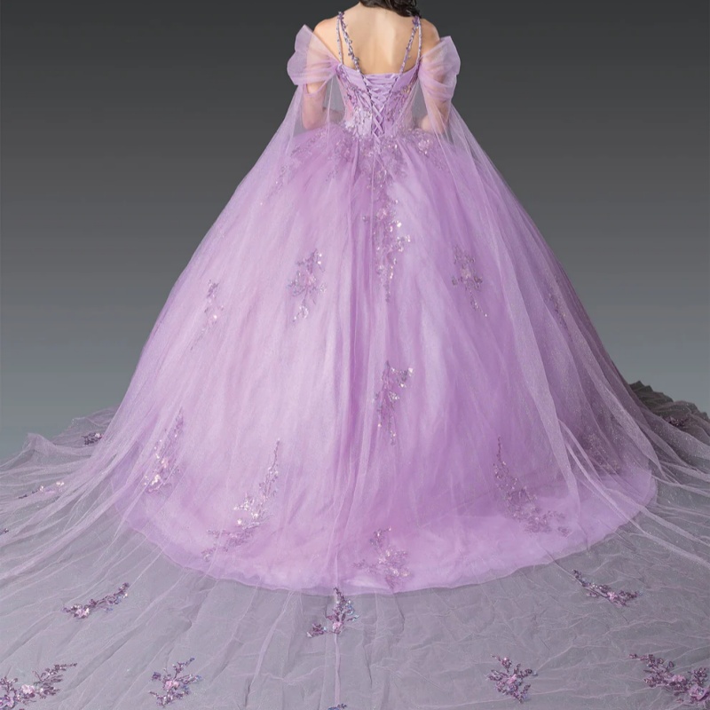 Lilac Shiny Princess Quinceanera Dresses Off Shoulder Beads Sequin Applique Tull With Cape Sweet 16 Dress Ball Gown Vestidos 15 De Anos