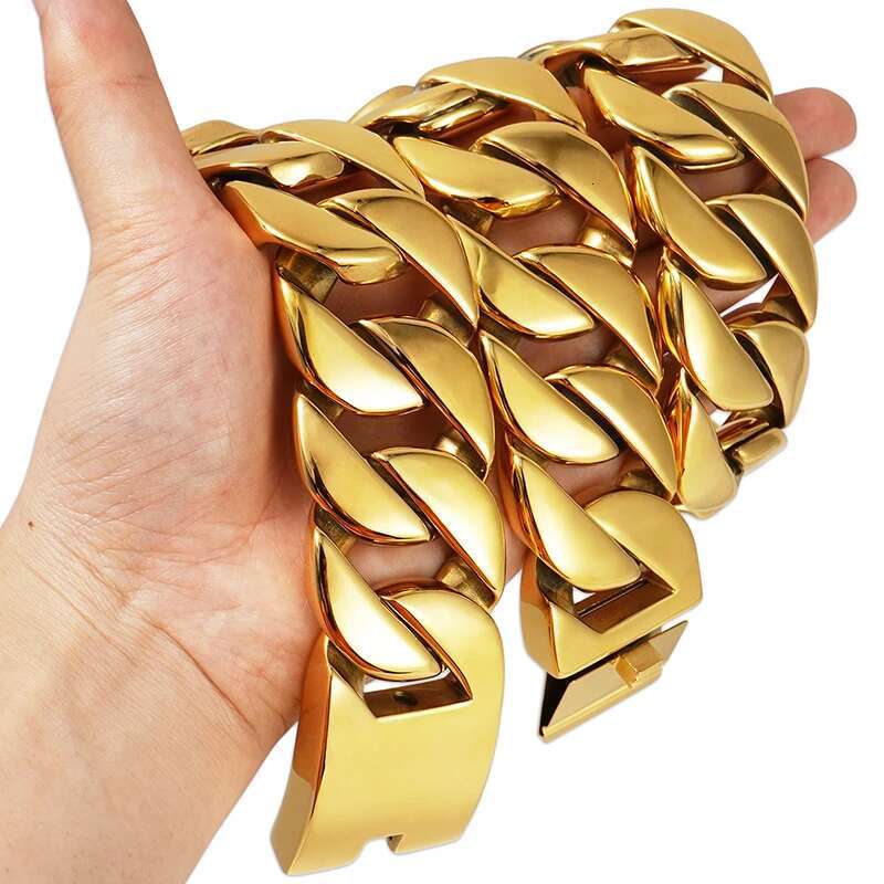 European and American 32mm wide and thick Cuban chain stainless steel bracelet necklace mens and womens gold color jewelry