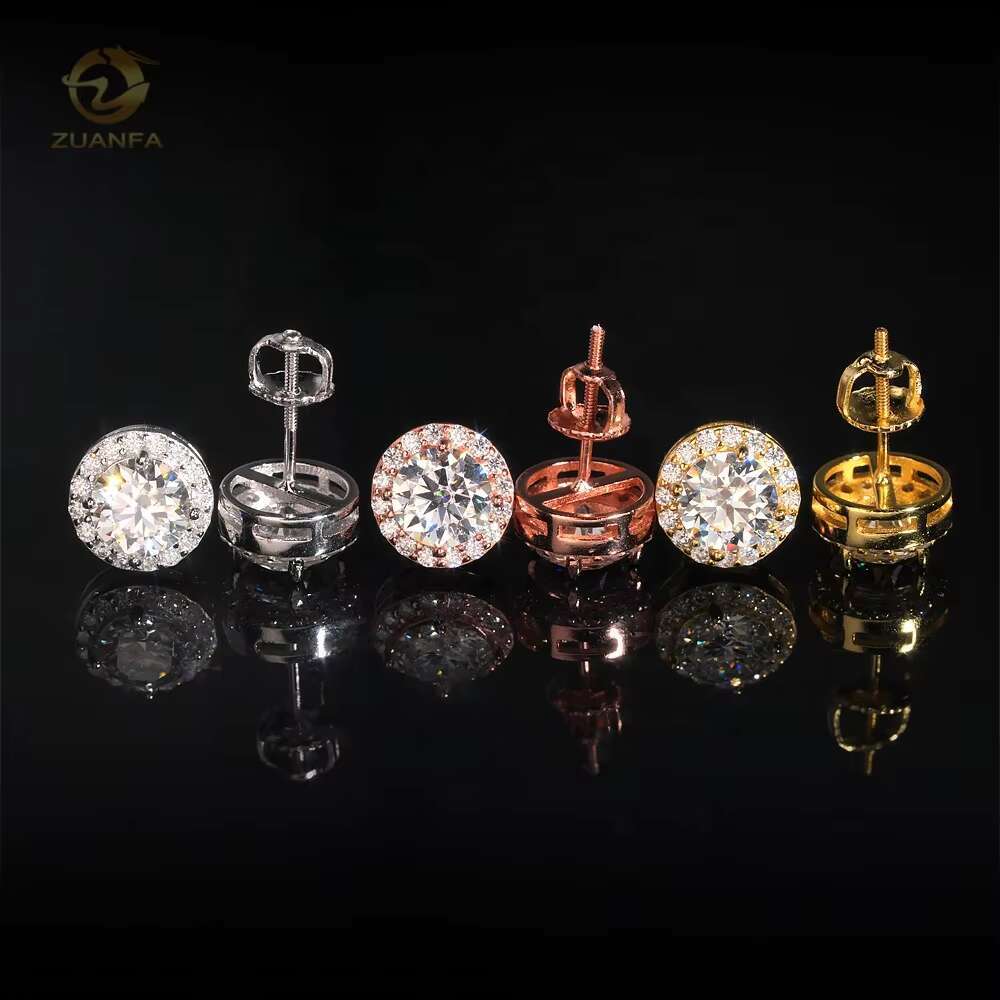 Fine Jewelry Halo 1ct Center Diamond Pass Test 925 Sterling Silver Moissanite Men Hip Hop Earrings