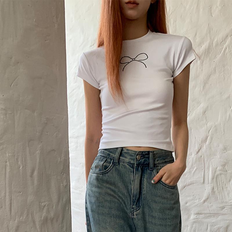 2025S Designer Women S T Shirt Summer New Round Neck Hoodie Sleeve Butterfly Dew Umbilical Women S Top T Shirt Hot Drilled Short Style For Women