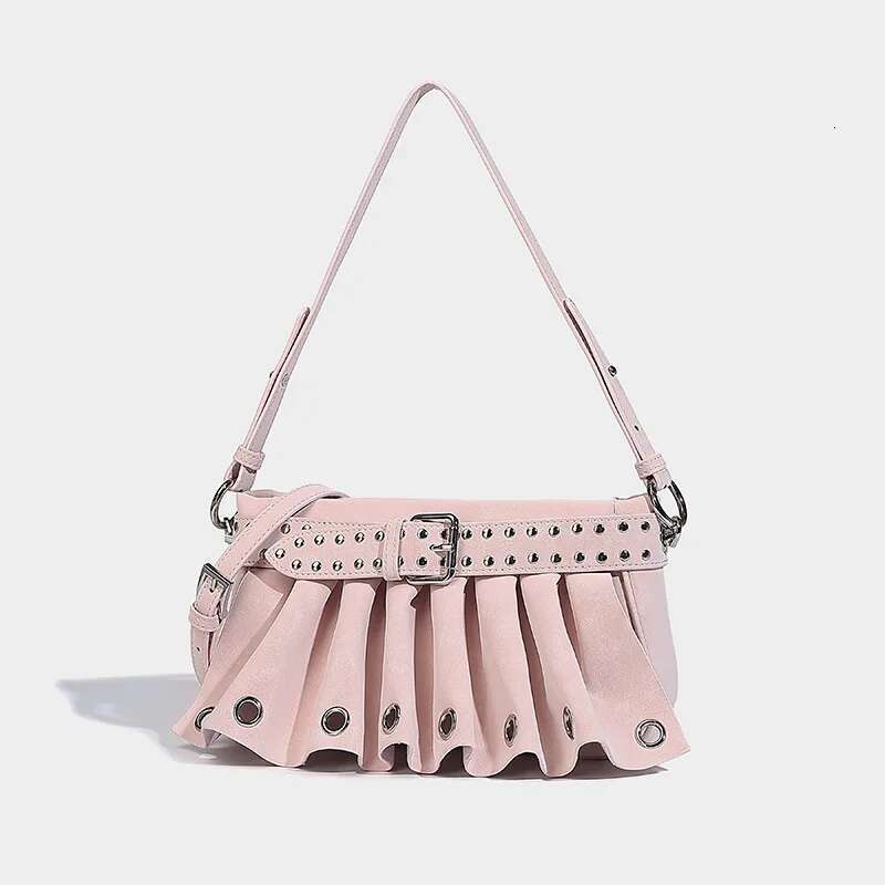 Meet You Punk Style Women's Belt Buckle Shoulder Y2k Fashion Pleated Pu Leather Armpit Motorcycle Rivet Crossbody Bag