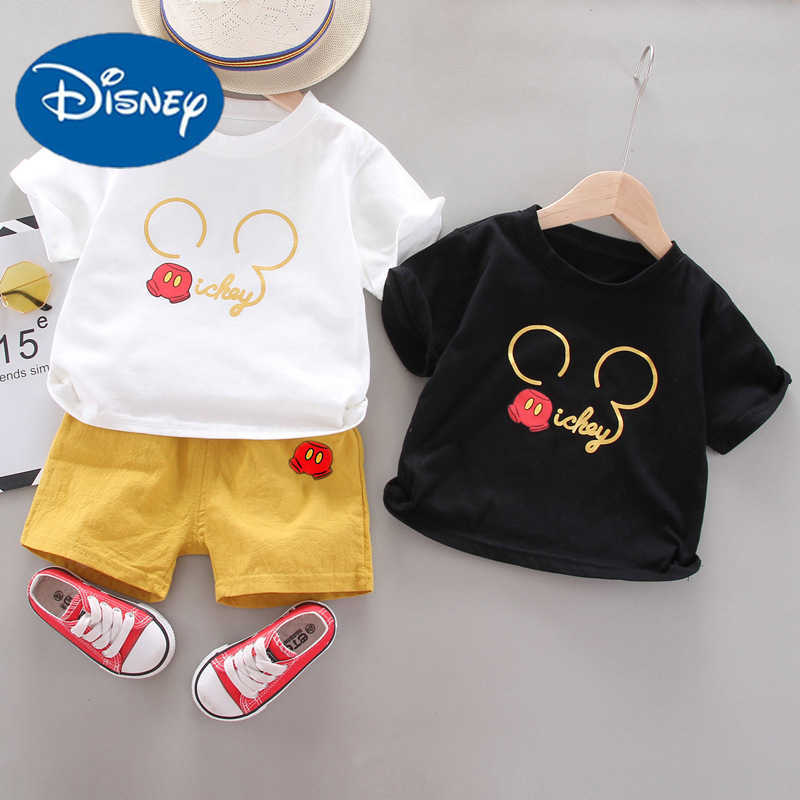 Disney Baby and childrens solid color summer pants fashionable baby summer outfit set trendy two-piece set cartoon T-shirt trendyXJ250409