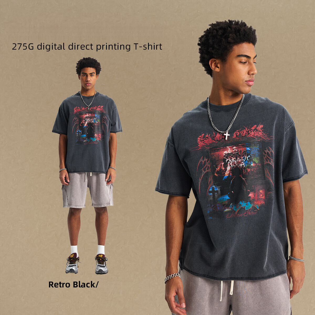 2025 Summer Trendy Brand Wax Printing Used Curled Edge Short sleeved for Men, 275g Water Washed Loose Digital Printed T-shirt
