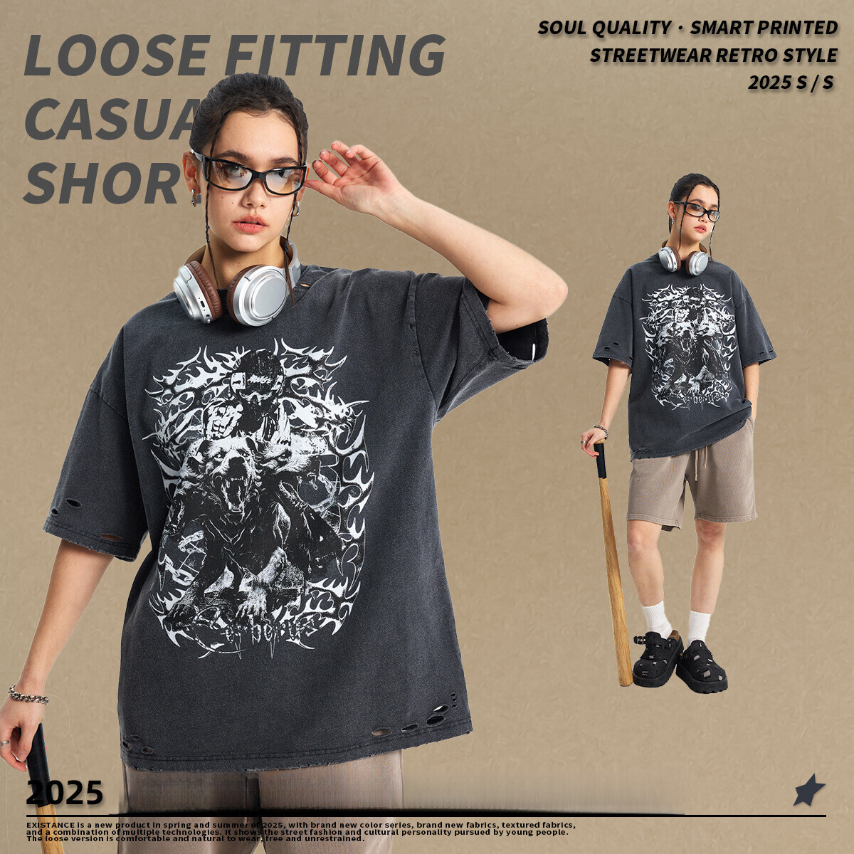 New products spring and summer 2025: distressed, cut, damaged, printed, washed water for American fashion brand plus size men's t-shirt