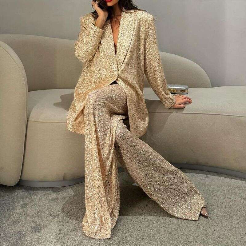 2025 Fashionable Casual Women's Sequin Blazer Long Pants Two-piece Set for the Beach