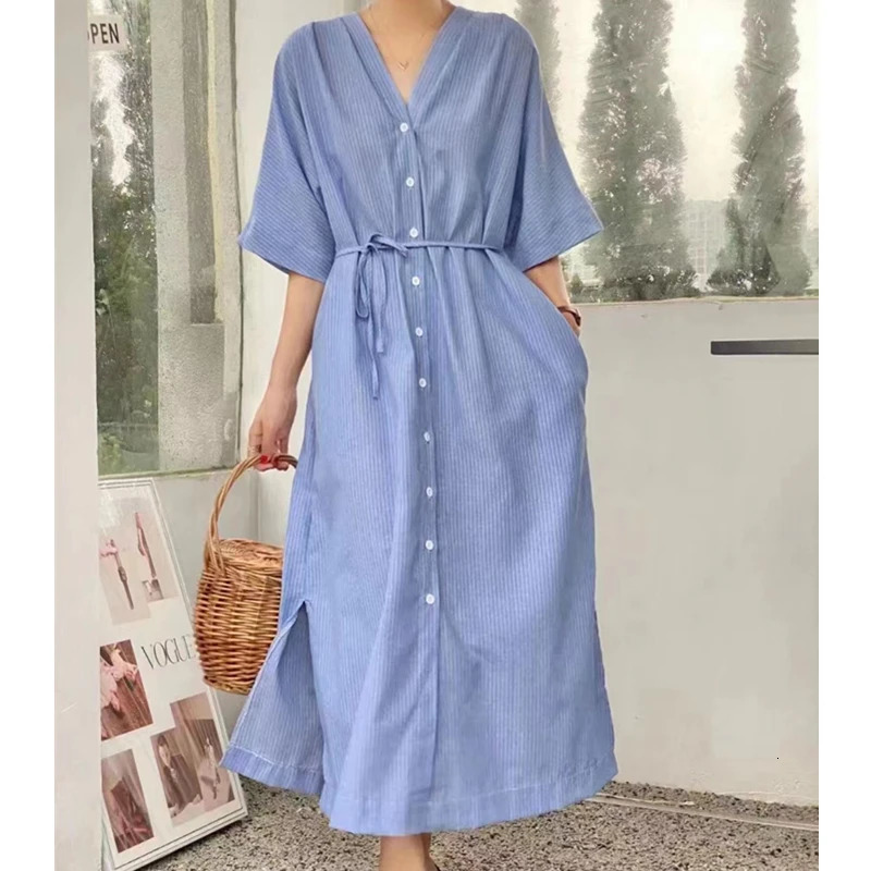 REALEFT Cotton Linen Striped Womens Dress Vneck Elegant Korean Lace Straight Skirt 250409