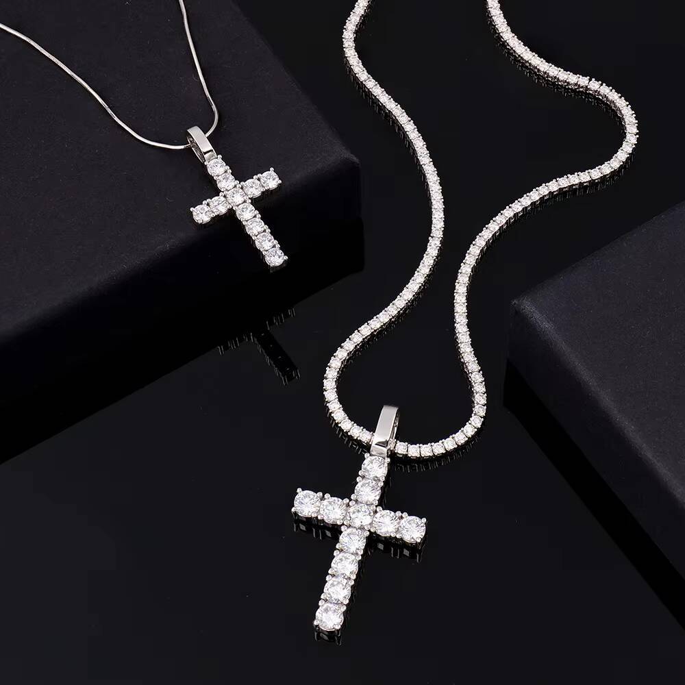 Custom 925 Sterling Silver Cross Pendant for Men Hip Hop Style Rhodium Plated Ice Moissanite Chain Fine Pendants Charms