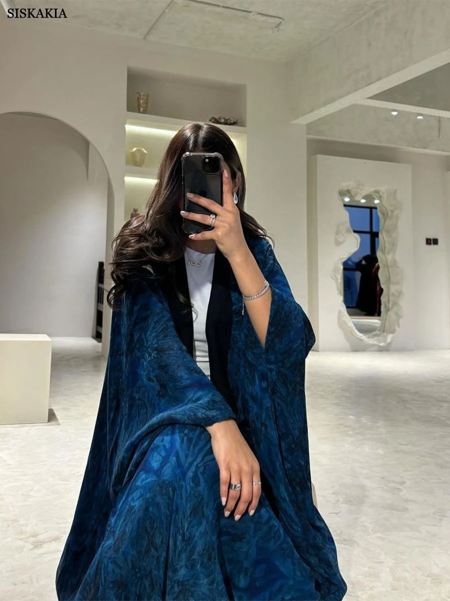Siskakia Eid Mubarak Clothing Dubai Fashion Tie Dye Long Abaya Muslim Women Bat Sleeve Dress 250409