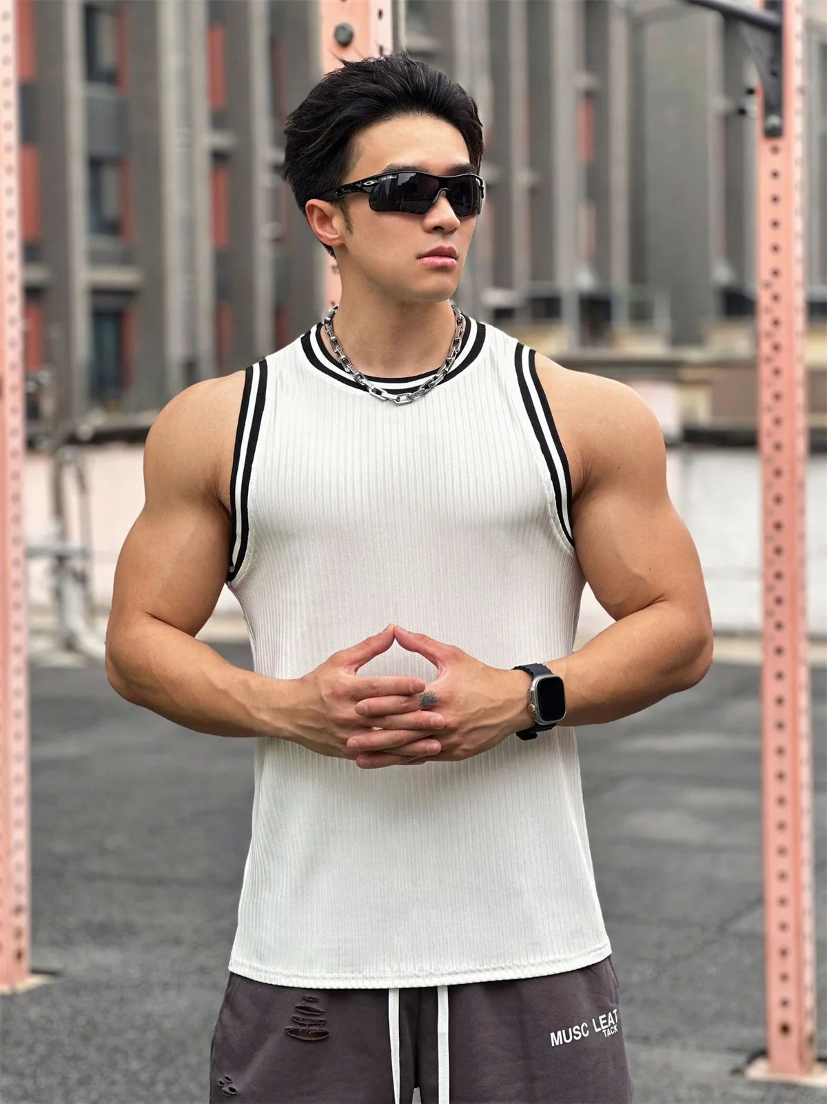 Summer fitness vest mens gym sleeveless casual tight striped single 250409