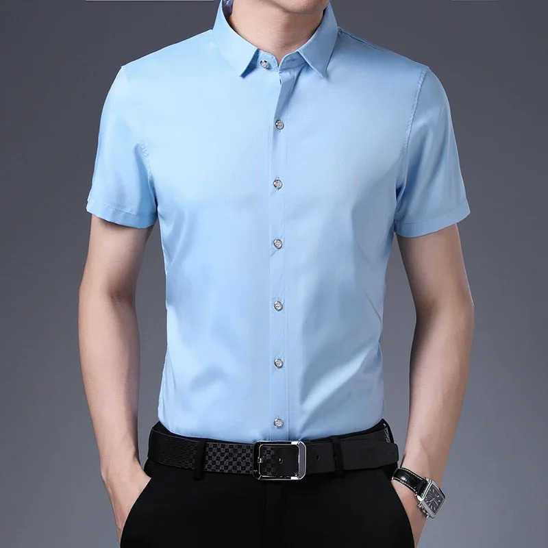 Mens Business Casual Solid Color Short Sleeved Shirt Non Ironing Comfortable Top 250408