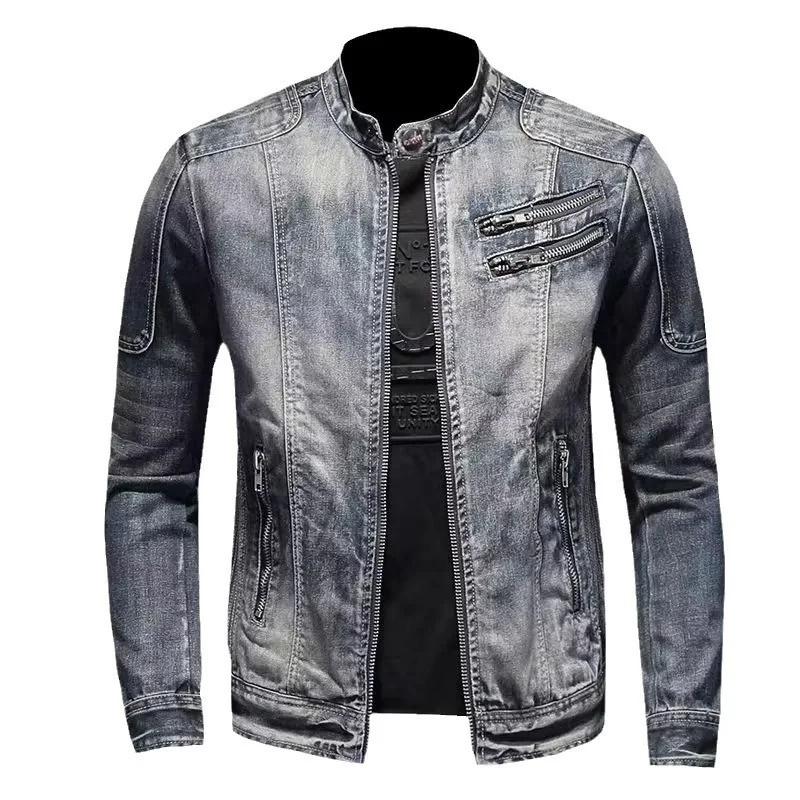 Mens denim jacket zipper ultrathin casual solid collar full set of regular winter 250409