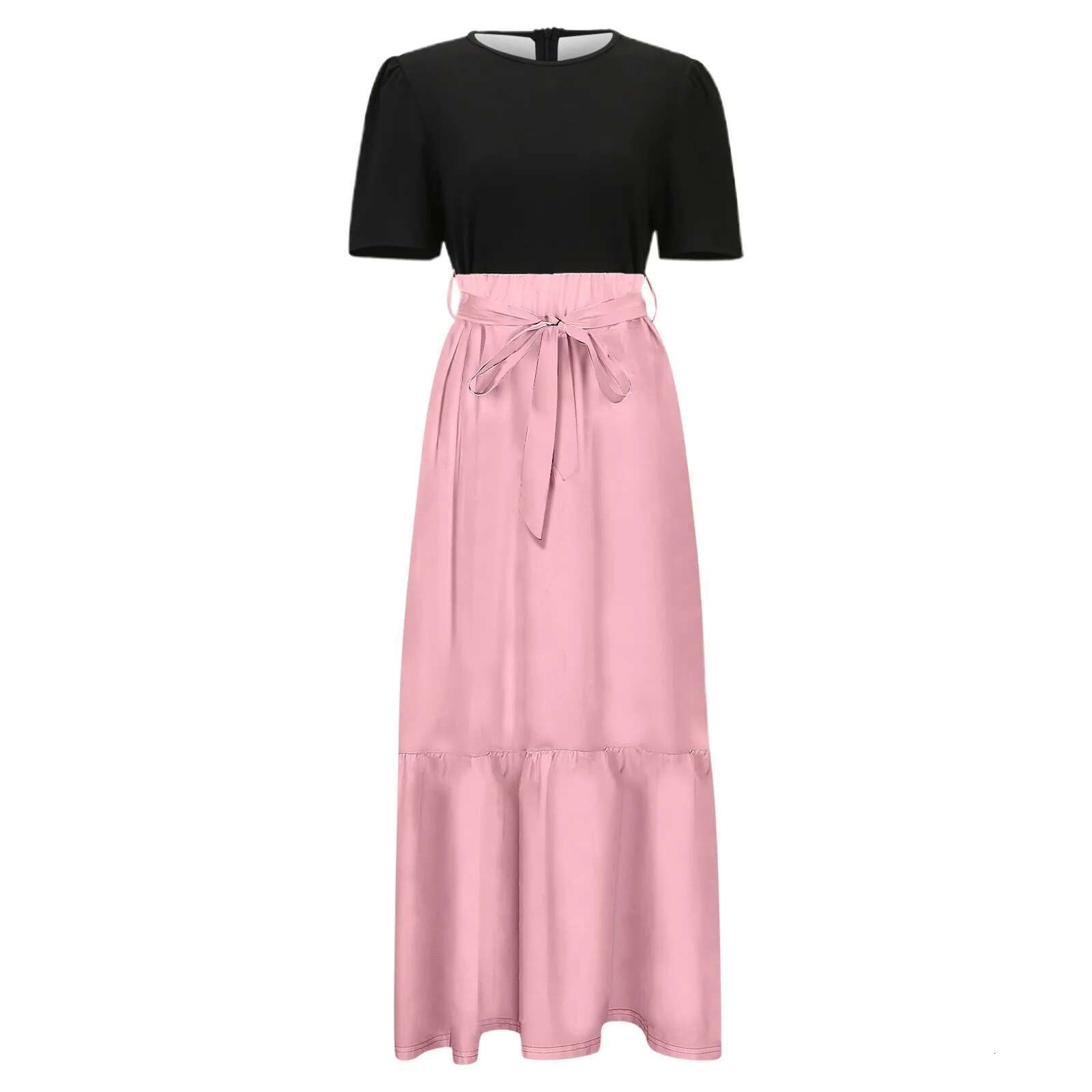 Dongdumaoyi Women S Fashion Casual Belted Short Sleeve Round Neck Geometric Splicing Elegant Spring Summer Temperament Fashionable Dresses