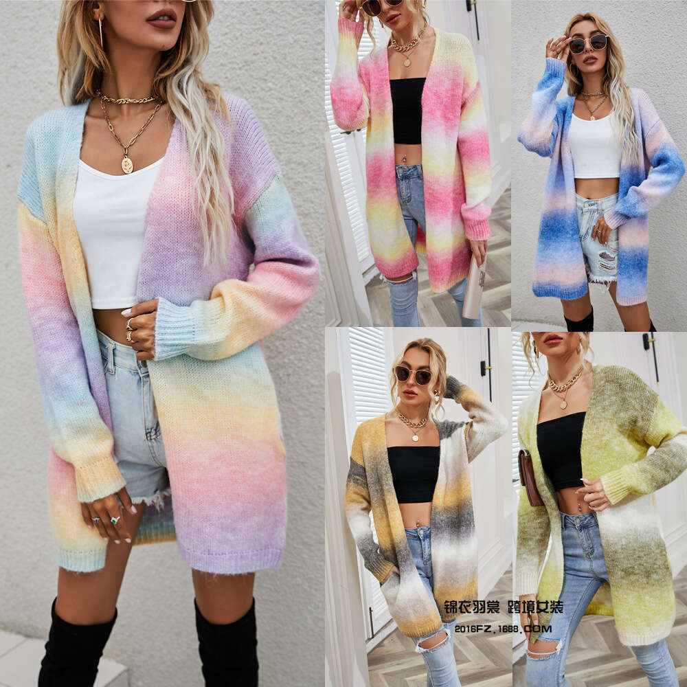 2025 Rainbow Tie-Dye Mid-Length Loose Cardigan women's knitwear Knitted Sweater Coat