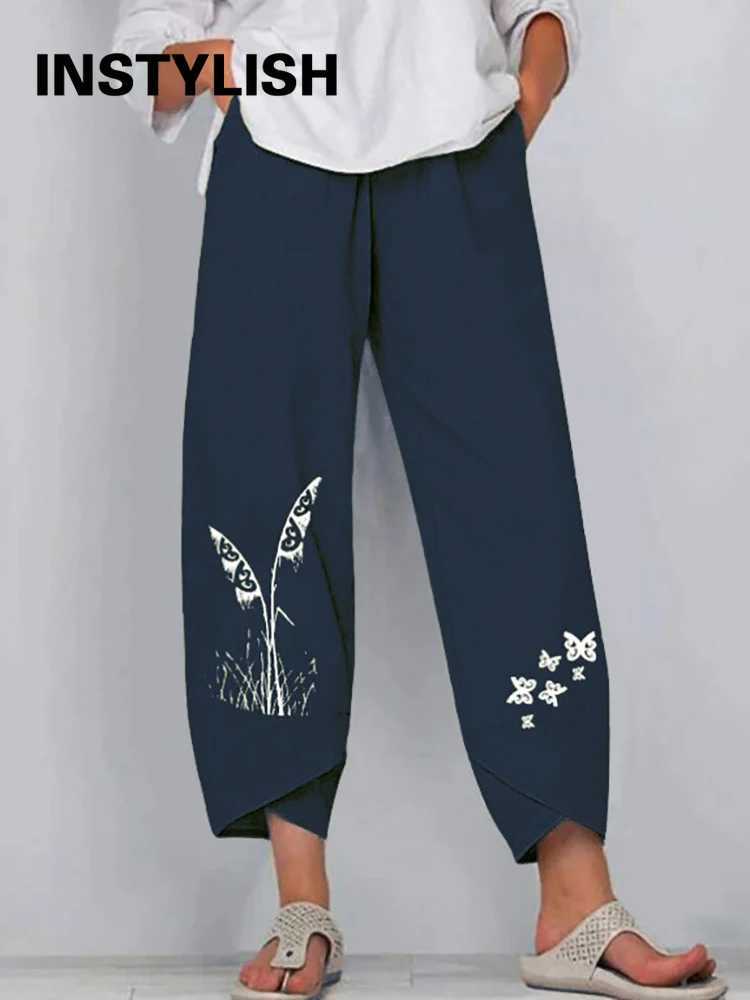 Womens cotton linen harem pants with retro print wide leg Trouser casual solid pocket Harajuku high waisted pocket pants for runnersXJ250403