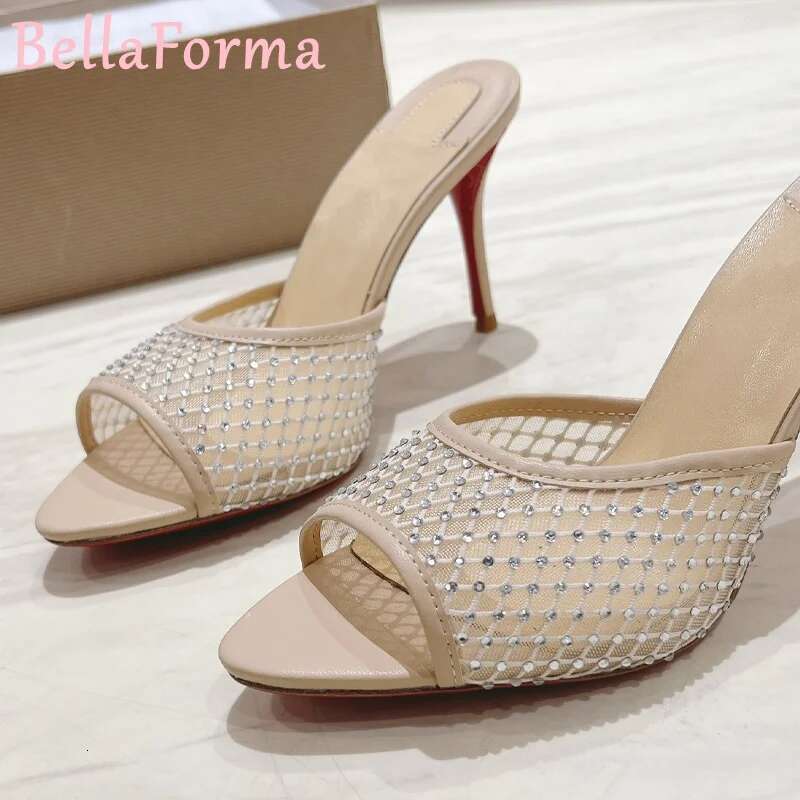 Veet Crystal High-Heeled Mule Slippers Plaid Mesh Denim Sexy Shiny Elegant Casual Simple Open-Toed Fish Mouth Stiletto Sandals