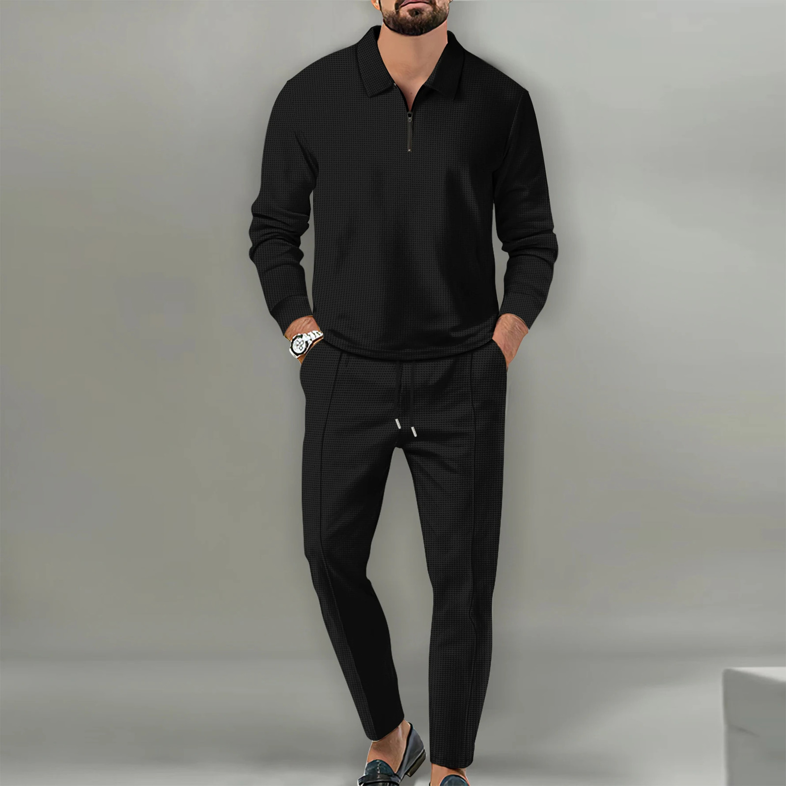 mens spring and autumn waffle biscuit solid color half zipper long sleeved polo shirtsports pants twopiece set 250409