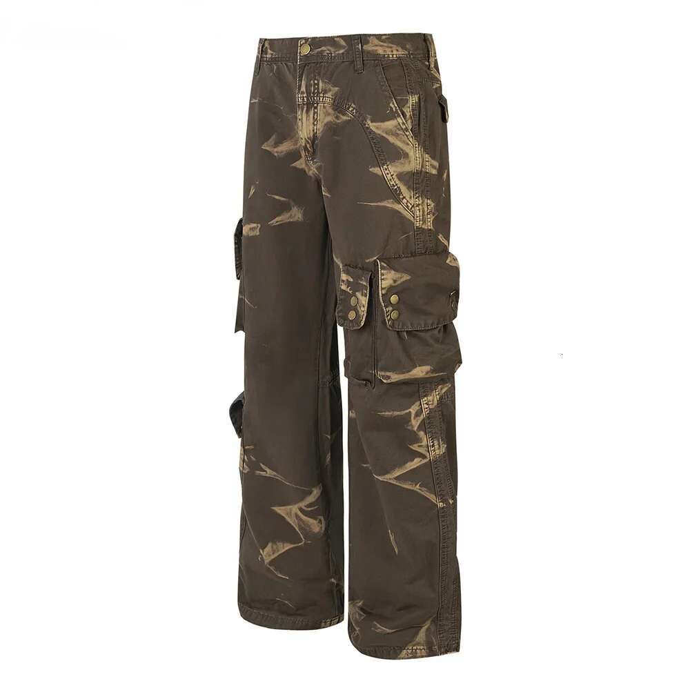 Multi-Pocket Camouflage Cargo Pants Mens Retro High Street Straight Loose Wide Leg Spliced Trousers Men