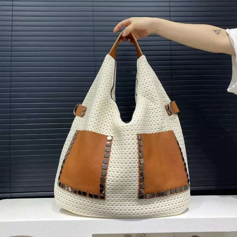 Women's Fashionable Retro Mesh Patchwork Cowhide Tote With Large Capacity Single Shoulder Crossbody Carrying Bag