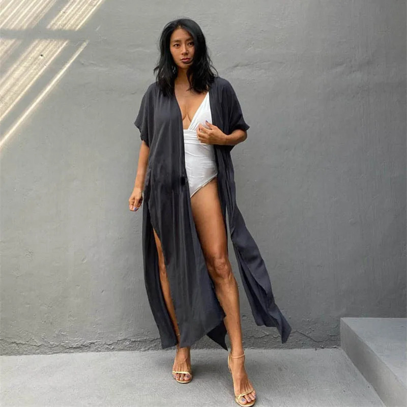 oversized solid beach jacket sun protection cardigan bikini cover vacation swimsuit womens coat kimono Villano Mujer 250409