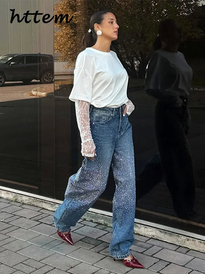 Fashion Womens Rhinestone Jeans Casual High Wait Wide Leg Pockets Denim Pants 2025 Spring Lady Y2k Street Baggy Trousers 250408