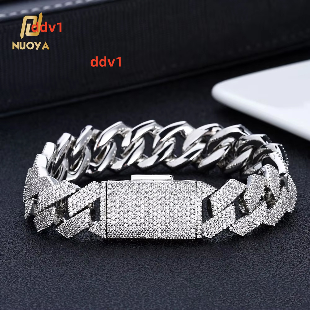 NUOYA 15mm 4 Rows Silver Plated Prong Set Miami Cuban Link Bracelet Iced Out Diamond Round Cut Moissanite Stones Hip Hop Jewelry