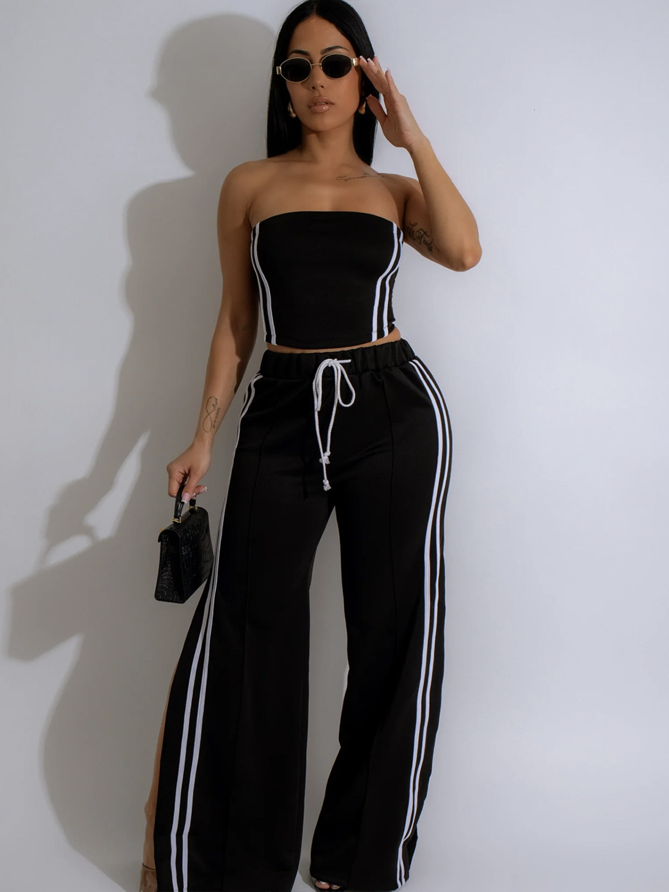 2025S Designer Women S Set Summer New Solid Color Stripe Short Fit Sexy Strapless Strap Wide Leg Pants Set