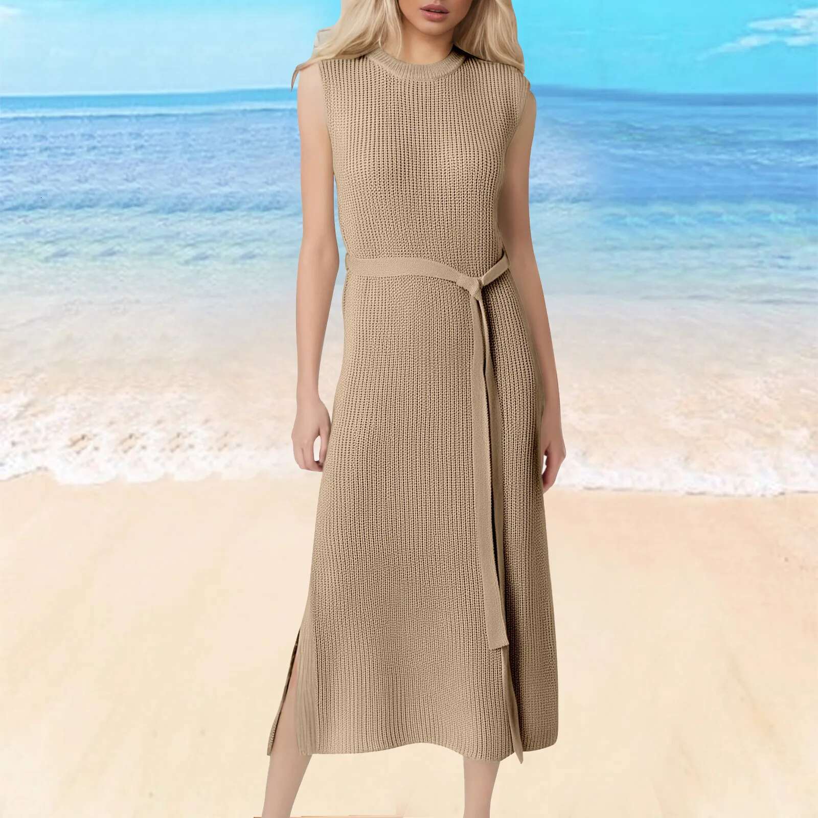 Dongdumaoyi Women Dress Knitted Tank Top Long Round Collar Solid Sleeveless Pleasantly Slim Fit Drawstring Pleated Dresses