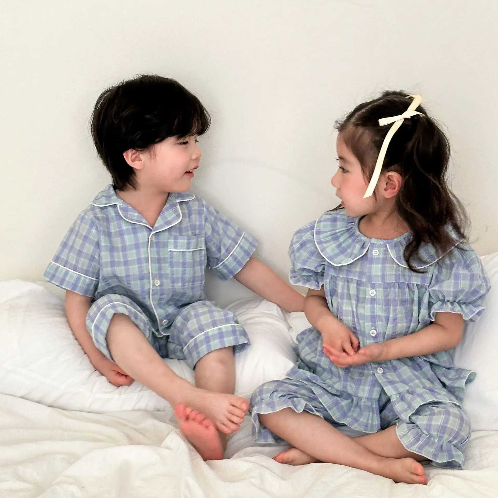2024 Summer Childrens Plain Knitted Pajama Set for Boys and Girls Baby Thin Cotton Short sleeved Top+Shorts 2-piece Childrens Cotton Pajama Set S2548